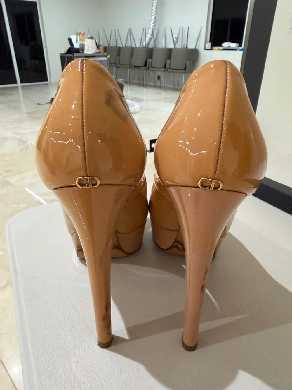 Dior Patent Leather Peep-Toe Platform Pumps in Caramel